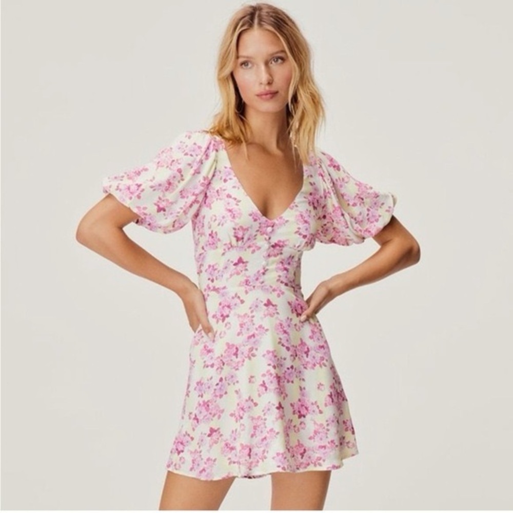 For Love & Lemons Atlanta Puff Sleeve Button V-Neck Mini Dress Purple Floral S